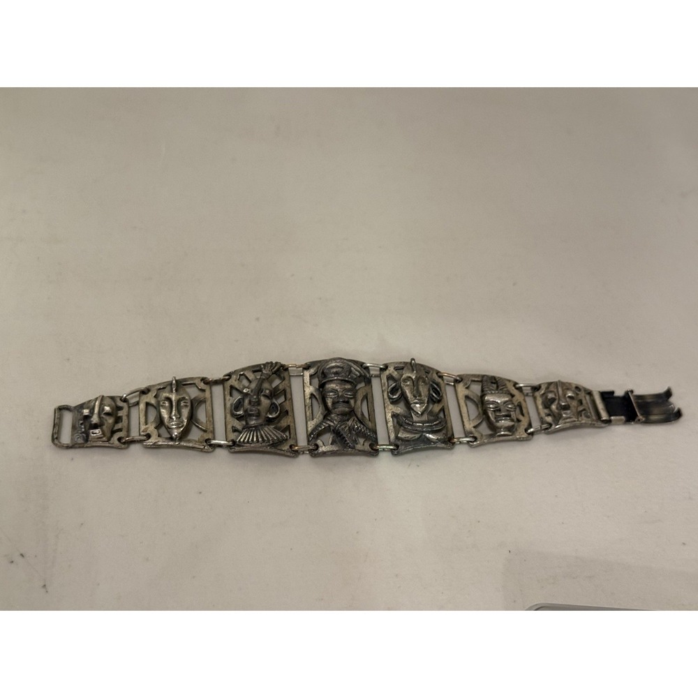 VTG Tribal Mask Panel Link Bracelet Mid Century Folk Art Costume Jewelry Figural